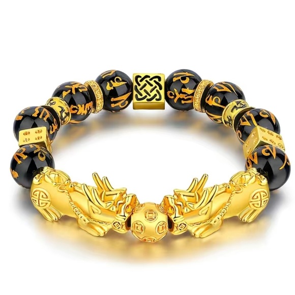 Golden 2 Pixiu Bracelet, Imitation Obsidian Stone - Picture 2 of 2